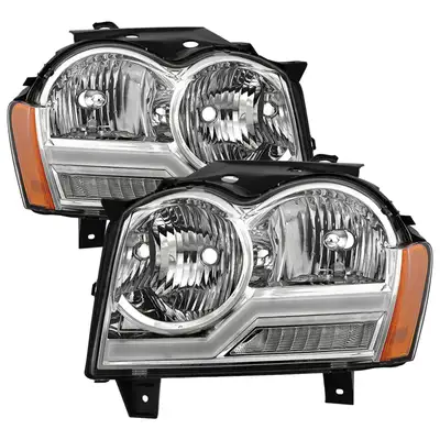 Spyder Auto 0507 Grand Cherokee Headlights With LED Light Bar Chrome