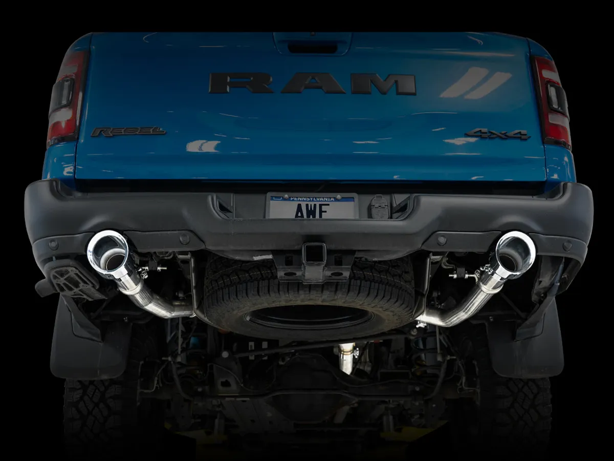 AWE 0FG Dual Rear Exit Catback Exhaust for 5th Gen RAM 1500 5.7L with bumper cutouts - Chrome Silver Tips product image