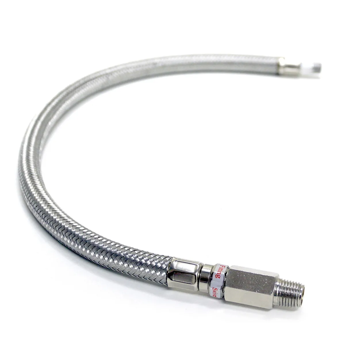 18in Steel braided leader hose w/ check valve for air compressors - 1/8in M NPT inlet 1/4in M NPT outlet product image