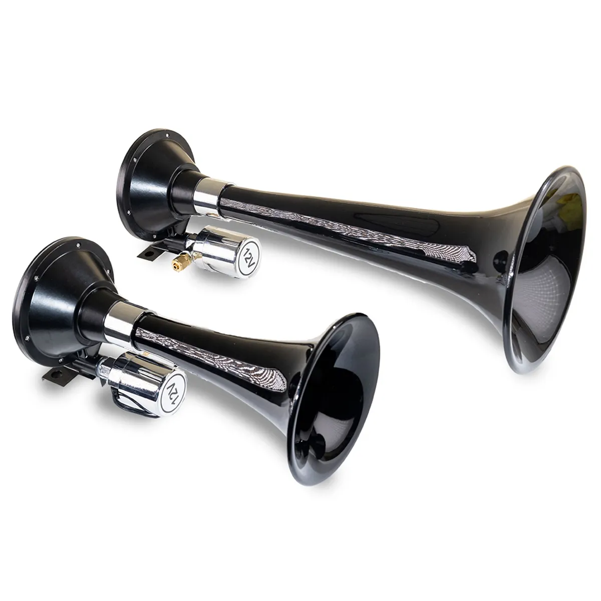 Black Dual Horn; 13 in. / 8 in. High Impact ABS Trumpets; Zinc Alloy Base; product image