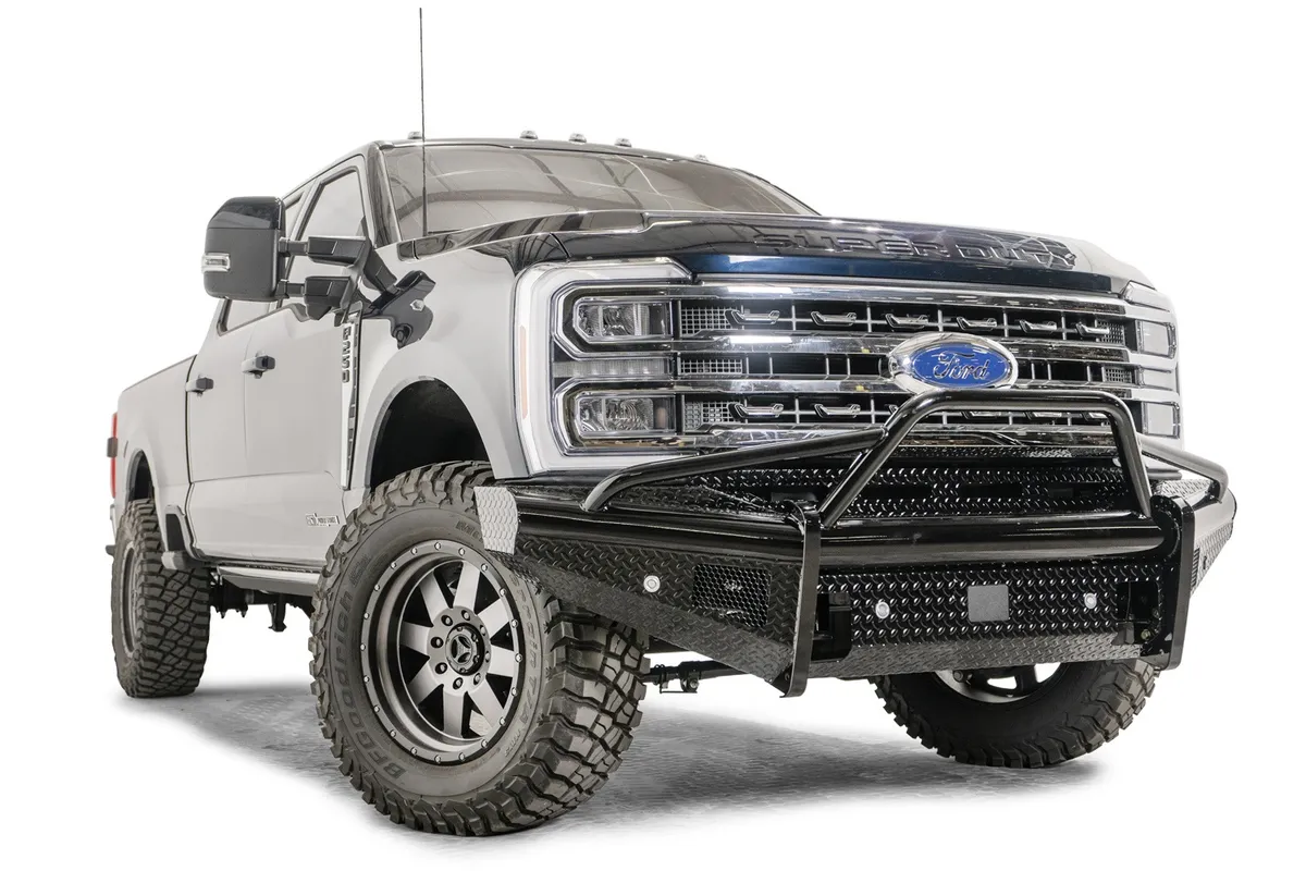 Black Steel Front Bumper; w/Pre-Runner Guard; Sensor Compatible; Gloss Black; product image