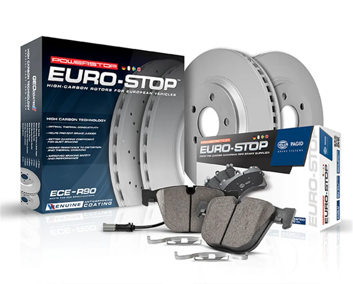 Euro-Stop Kit: Genuine Geomet Fully Coated Rotors; Ece-R90 Certified Pads W/Hardware; Pad Sensors product image