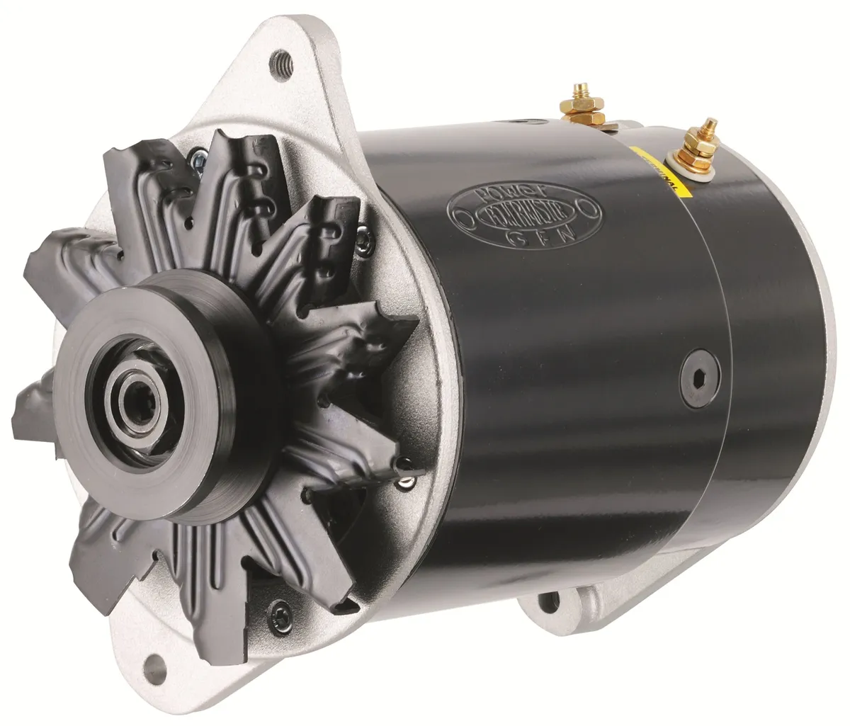 PowerGEN Alternator; Short Case; 90 Amp; 65 Idle; 12 Groove V Type; w/Lamp Terminal; Black; product image