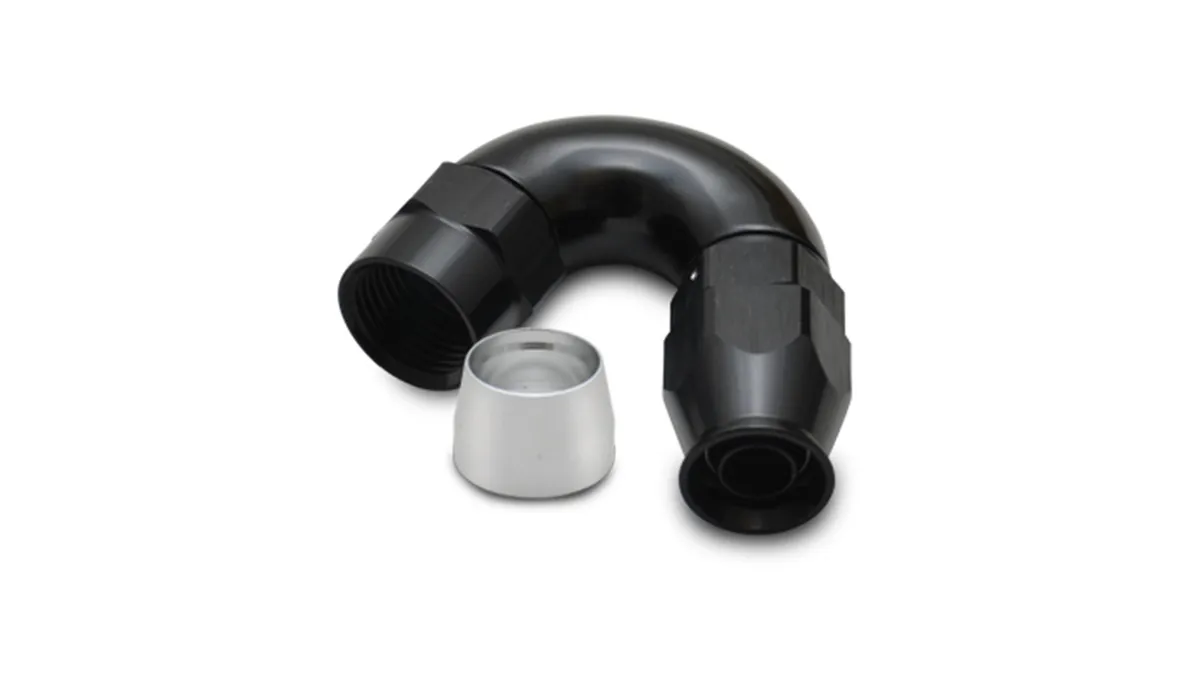 150 Degree High Flow Hose End Fitting; -8AN; 6061 Aluminum; Black Anodized; For PTFE Lined Hose; product image