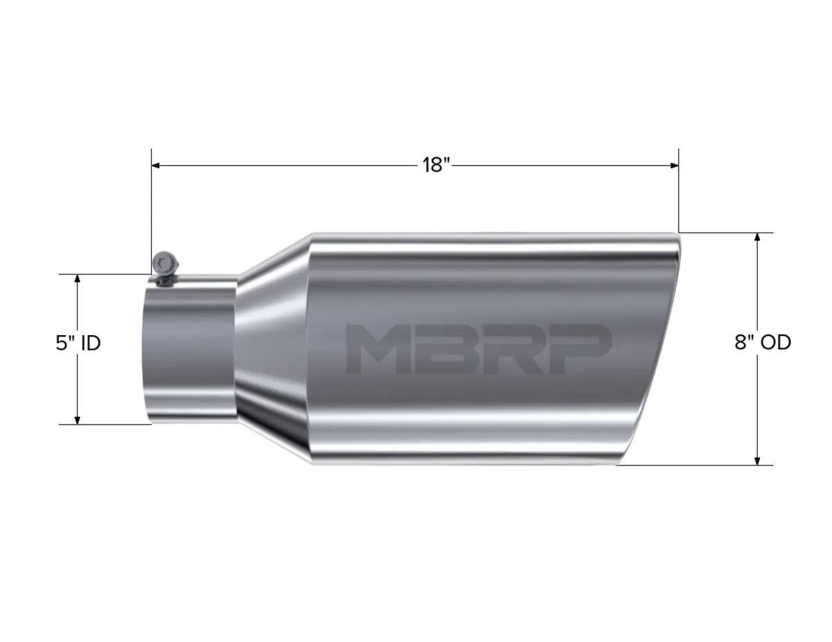 Armor Pro Exhaust Tip; 5 in. Inlet Diameter; 8 in. Outlet Diameter; 18 in. Length; Rolled End; T304 Stainless Steel; Mirror Polished; product image