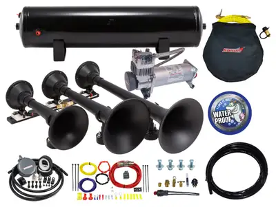 Kleinn Automotive Accessories Pro Blaster™ Triple Horn Kit; Black; Includes Horns PN[730]/ 150/200 PSI Waterproof 100% Duty Cycle Air Compressor PN[6450RC]/ 3.0 Gallon Air Tank PN[6351RT];