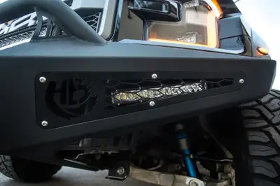 Addictive Desert Designs 2017 Ford Raptor Honeybadger Front Bumper With Ecoboost Venting And 40 Rds LED Bar Mounts With hb Logo Cutout With 10 LED Bar Mounts And Dually Mounts in Sides Panels in Hammer Black With Satin Black Panels