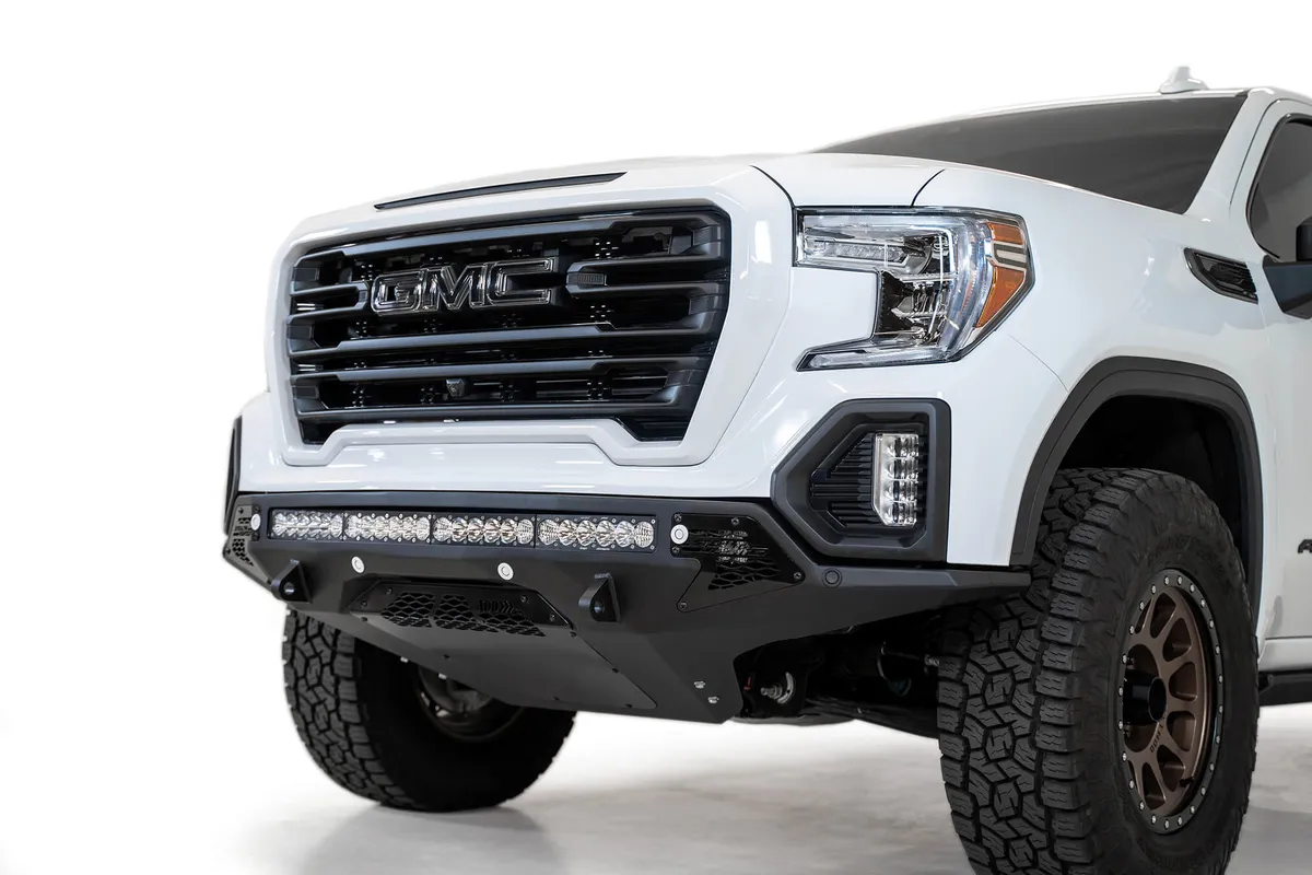 GMC 1500 2019 - Up Stealth Fighter Front Bumper with D-ring Clevis Mounts with Sensors With 10 Single small square light40 Universal mounts product image