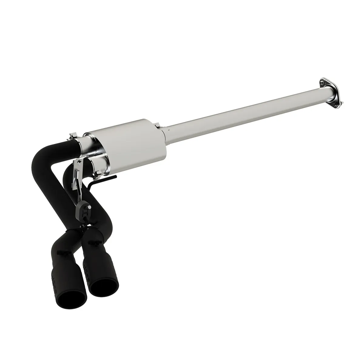 Armor BLK Cat Back Exhaust System; 3 in.; Incl. Front Pipe/Muffler/Tailpipes/Hrdw/4 in. OD Tips; Pre Axle Single Side Dual Outlet; Black Coated; Excludes Factory Dual Exhaust; product image