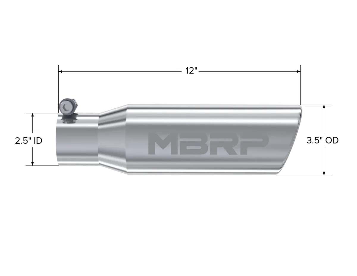 Armor Pro Exhaust Tip; 2.5 in. Inlet Diameter; 3.5 in. Outlet Diameter; 12 in. Length; Angled Rolled Edge; T304 Stainless Steel; Mirror Polished; product image