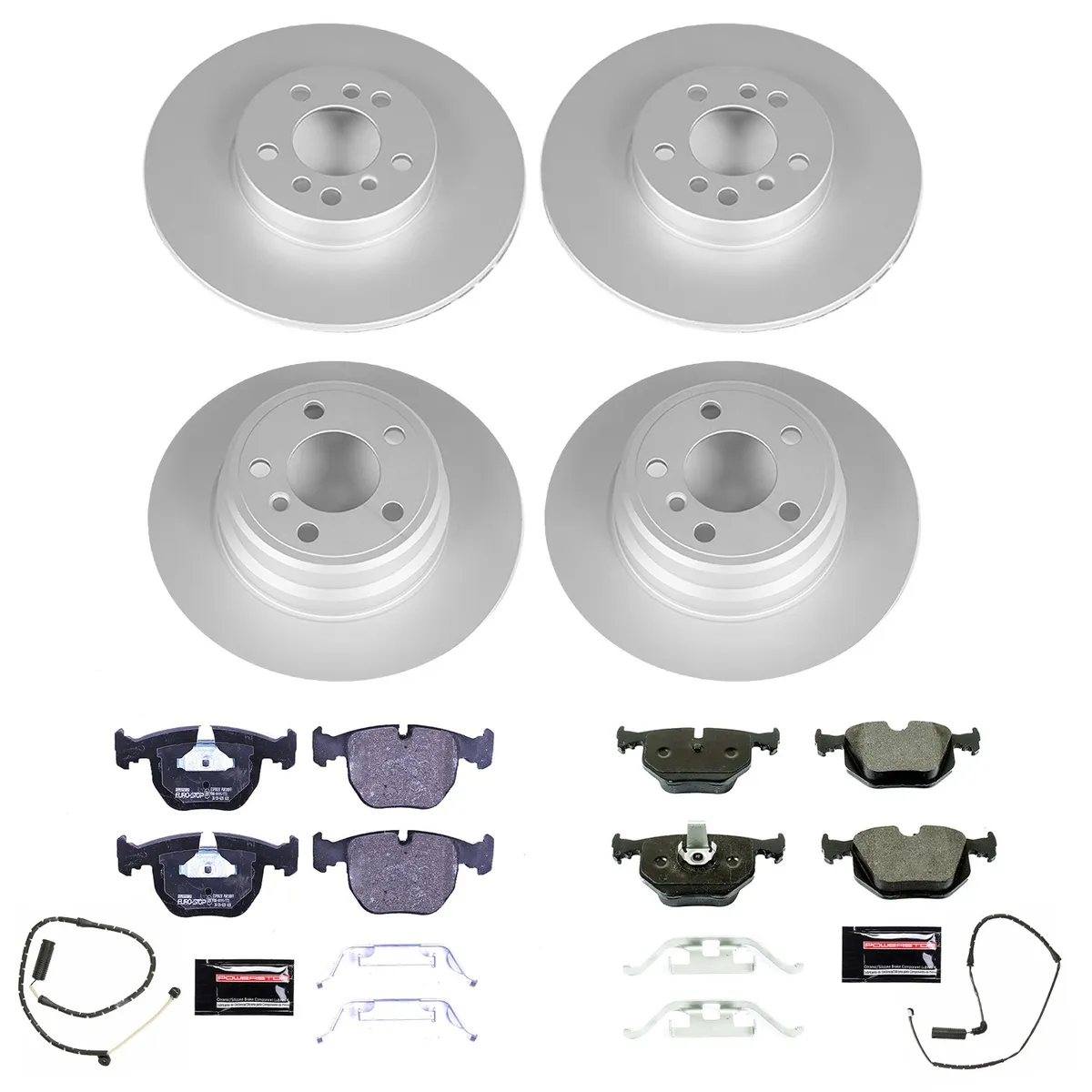 Euro-Stop Kit: Genuine Geomet Fully Coated Rotors; Ece-R90 Certified Pads W/Hardware; Pad Sensors product image