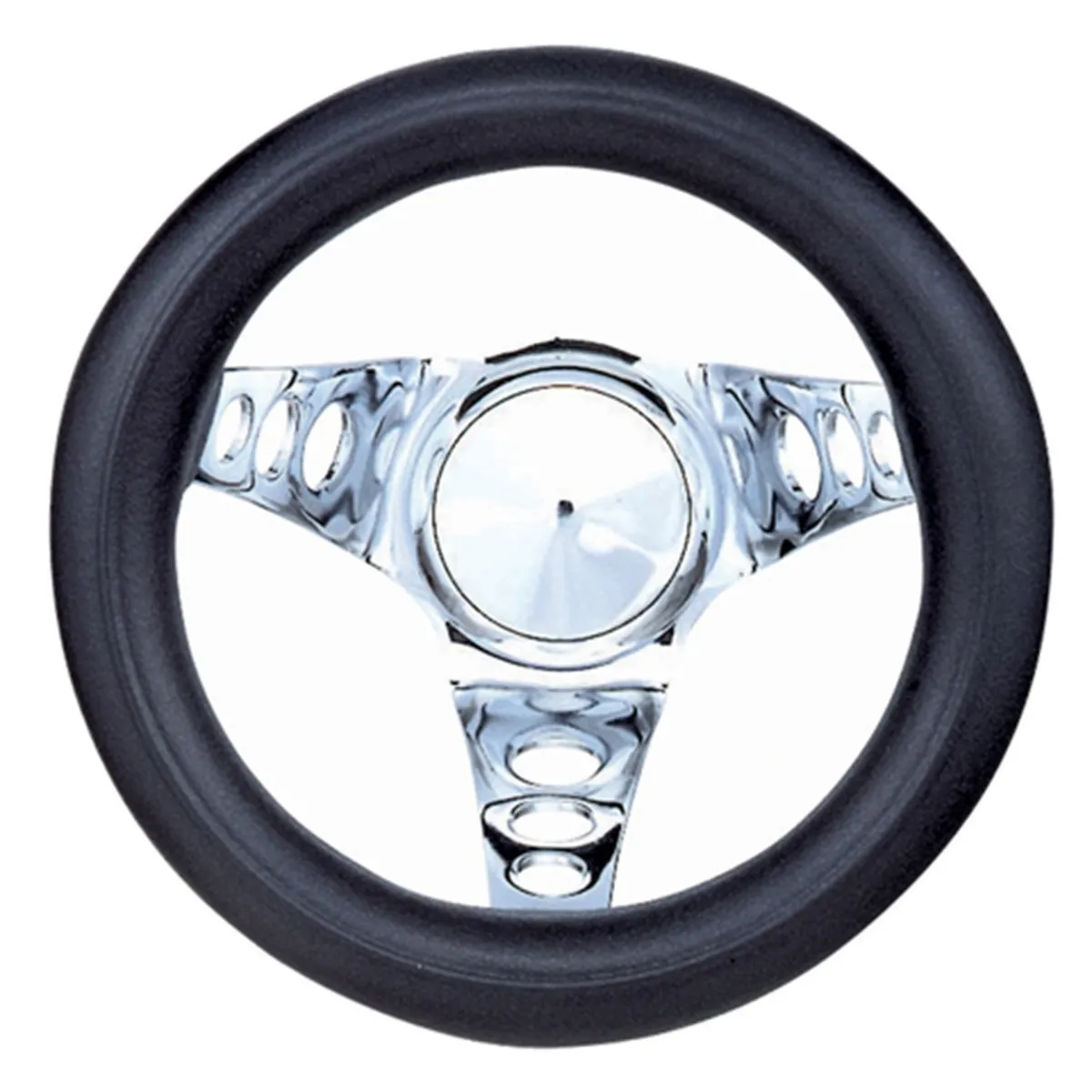Classic Series Steering Wheel; 8 1/2 in. Diameter; 4 1/2 in. Dish; Black Foam Cushion Grip; Chrome 3-Spoke Design; product image