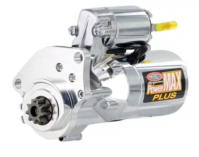 Power Master PowerMax Plus Starter; 14:1 Compression Ratio; 3.7:1 Gear Reduction; Billet Mounting Block w/o Nose Cone; Billet Black/Chrome;