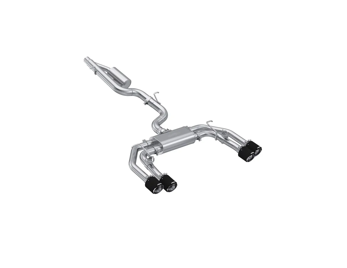 Armor Pro Cat Back Exhaust System; 3 in.; Quad Split Rear Exit; 4.5 in. Carbon Fiber Tips; w/Active Exhaust; T304 Stainless Steel; product image