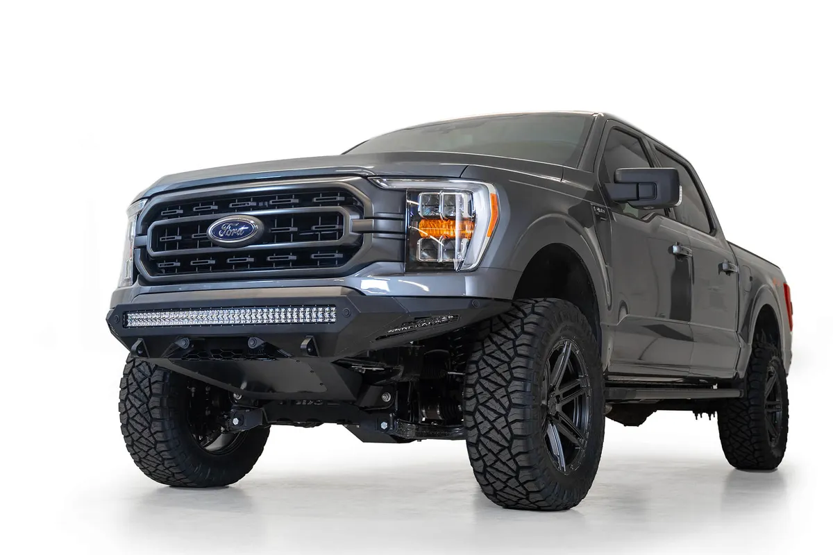 Ford F150 Stealth Fighter Front Bumper with 10 Cube Mounts Universal Plate on top and 10 SR Cube mounts on Sides with SENSOR Cutouts with D-ring mounts in Hammer Black with Satin Black panels 2021 Ford F-150 product image
