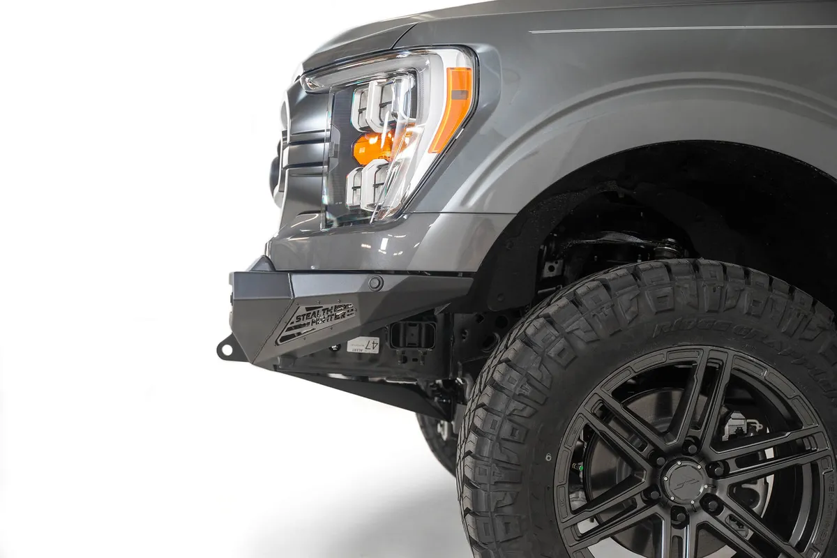 Ford F150 Stealth Fighter Front Bumper with 10 Cube Mounts Universal Plate on top and 10 SR Cube mounts on Sides with SENSOR Cutouts with D-ring mounts in Hammer Black with Satin Black panels 2021 Ford F-150 product image