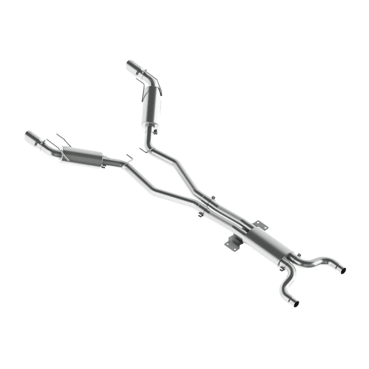 Armor Plus Cat Back Exhaust System; 3 in.; Incl. Front Pipe/Resonator/Tailpipes/Mufflers/Hardware/4 in. OD Round Tips; Dual Split Side Exit; T409 Stainless Steel; product image