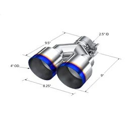 Armor Pro Burnt End Tip; T304 Stainless Steel; 2.5 in. Inlet; Dual 4 in. OD. Out; Single Wall; 9.55 in. Length; product image