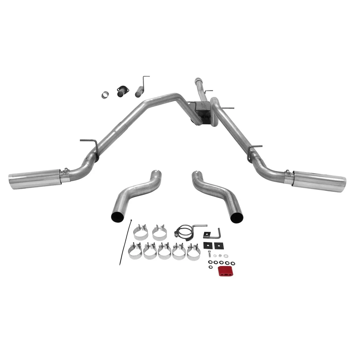 07-13 GM Silverado/Sierra, 1/2 Ton, 5.3L W/Flex Fuel, 4.8L (07-08 Only), Extra Cab and Crew Cab Only, 2/4 Wheel Drive, Cat-back, 2.50" Tailpipes, Super 40 Series Muffler, 3.50" Logo Embossed Stainless Tips, American Thunder, Includes Extensions for DOR an product image