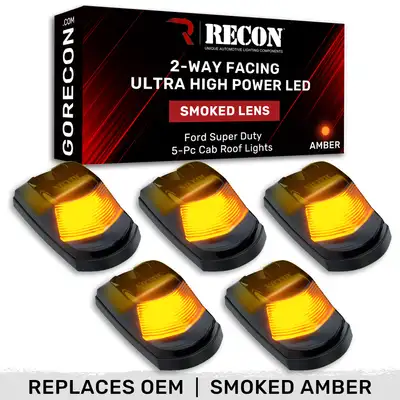 Recon Accessories Ford 17-22 Superduty 5-Piece Set Smoked Cab Roof Light Lens With 2-Way Forward Rear Facing Amber Ultra High-Power Leds - Attn Plug-N-Play Replacement For OEM Factory Installed Cab Roof Lights