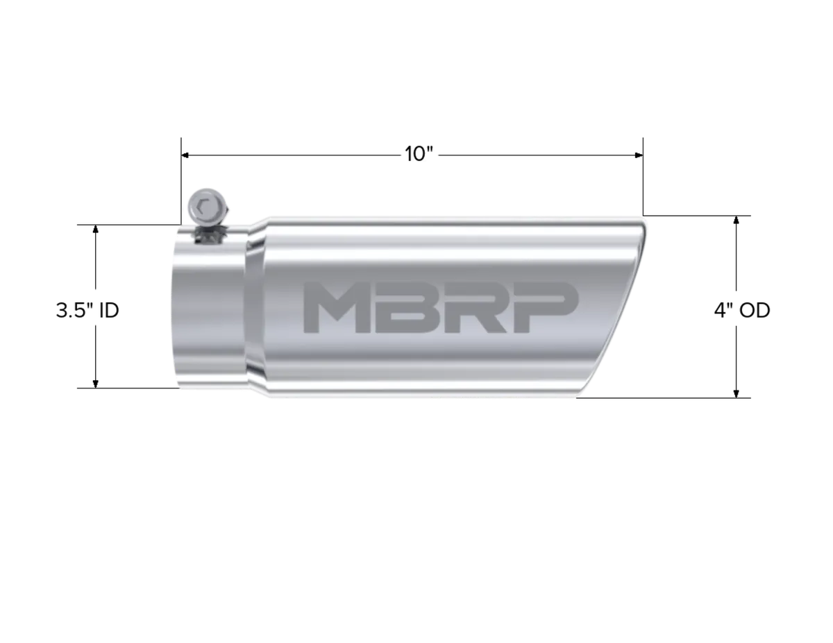 Armor Pro Exhaust Tip; 3.5 in. Inlet Diameter; 4 in. Outlet Diameter; 10 in. Length; Angled Rolled Edge; T304 Stainless Steel; Mirror Polished; product image