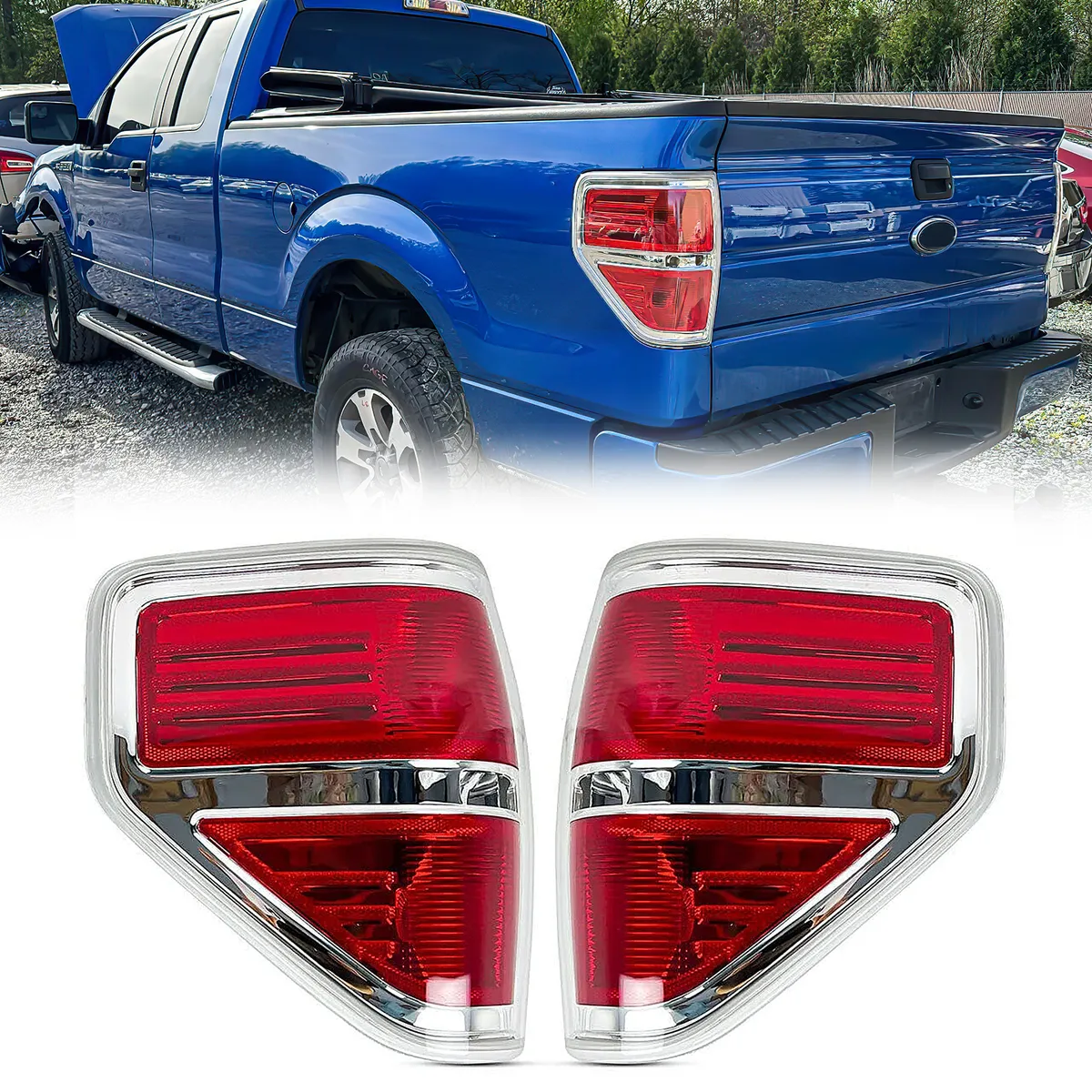 Red Lens LED Tail Lights Chrome Housing Without Light Bulbs For 2009-2014 Ford F150 product image