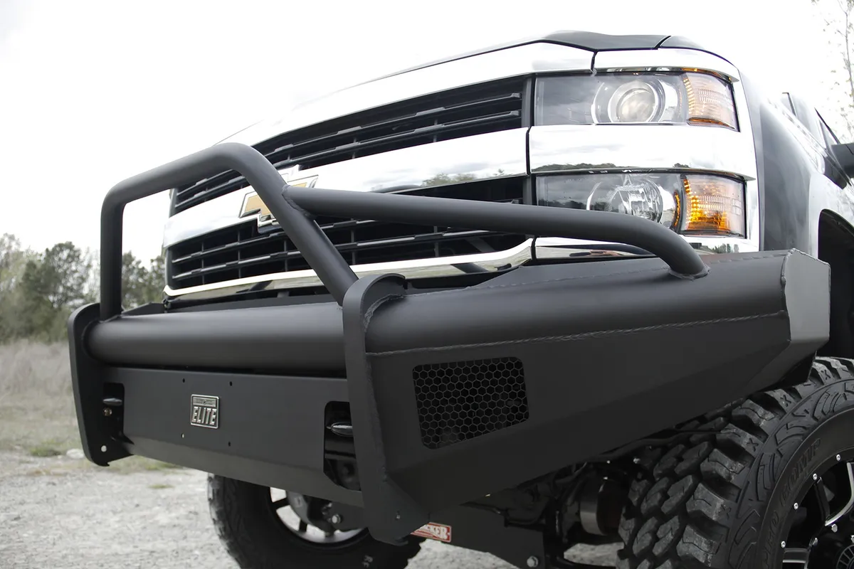07.510 Silverado HD 2500/3500 Front Elite Ranch Bumper w. Prerunner Guard w/ Tow Hooks Matte Black product image