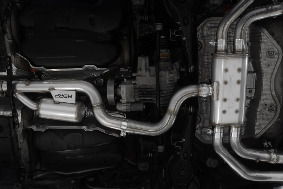 Armor Pro Cat Back Exhaust System; 3 in.; Quad Split Rear Exit; 4 in. Carbon Fiber Tips; w/Active Exhaust; 304 Stainless Steel; product image