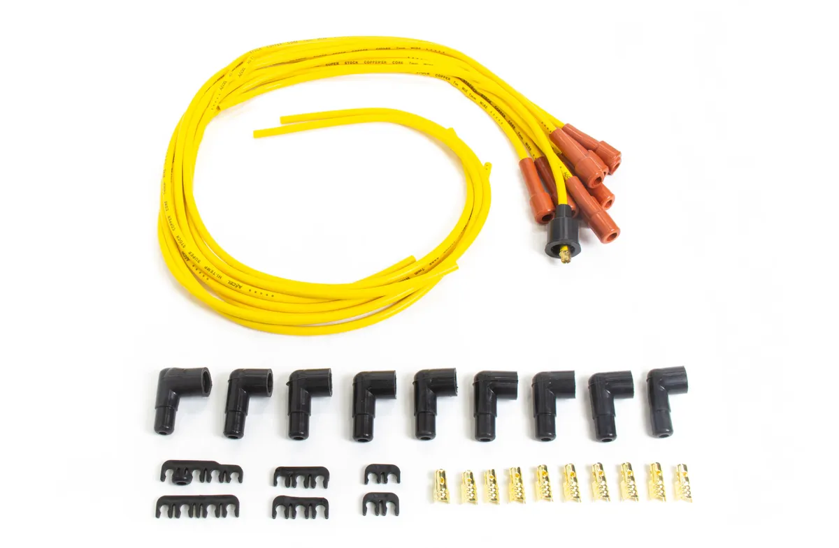 ACCEL Spark Plug Wire Set- 7mm-Super Stock-Copper Core-Universal Straight Boots-Yellow - 3008 universal fit super stock spark plug wire sets have a spiral core with yellow silicon coating and are 7mm.