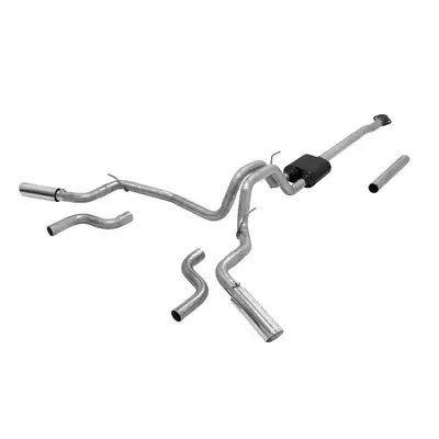 Flowmaster Exhaust System Kit 2015 Ford F-150, 2.7L/3.5L EcoBoost, 3.5L TiVCT, 5.0L, 2WD/4WD, All Except Std Cab/Short Bed (122" WB), Cat-back, Super 40 Series Muffler, Mandrel Bent 2.5in. 16 Gauge Tubing, 3in. Polished 304S W/Embossed Logo Tips, DOR/S, American Thu