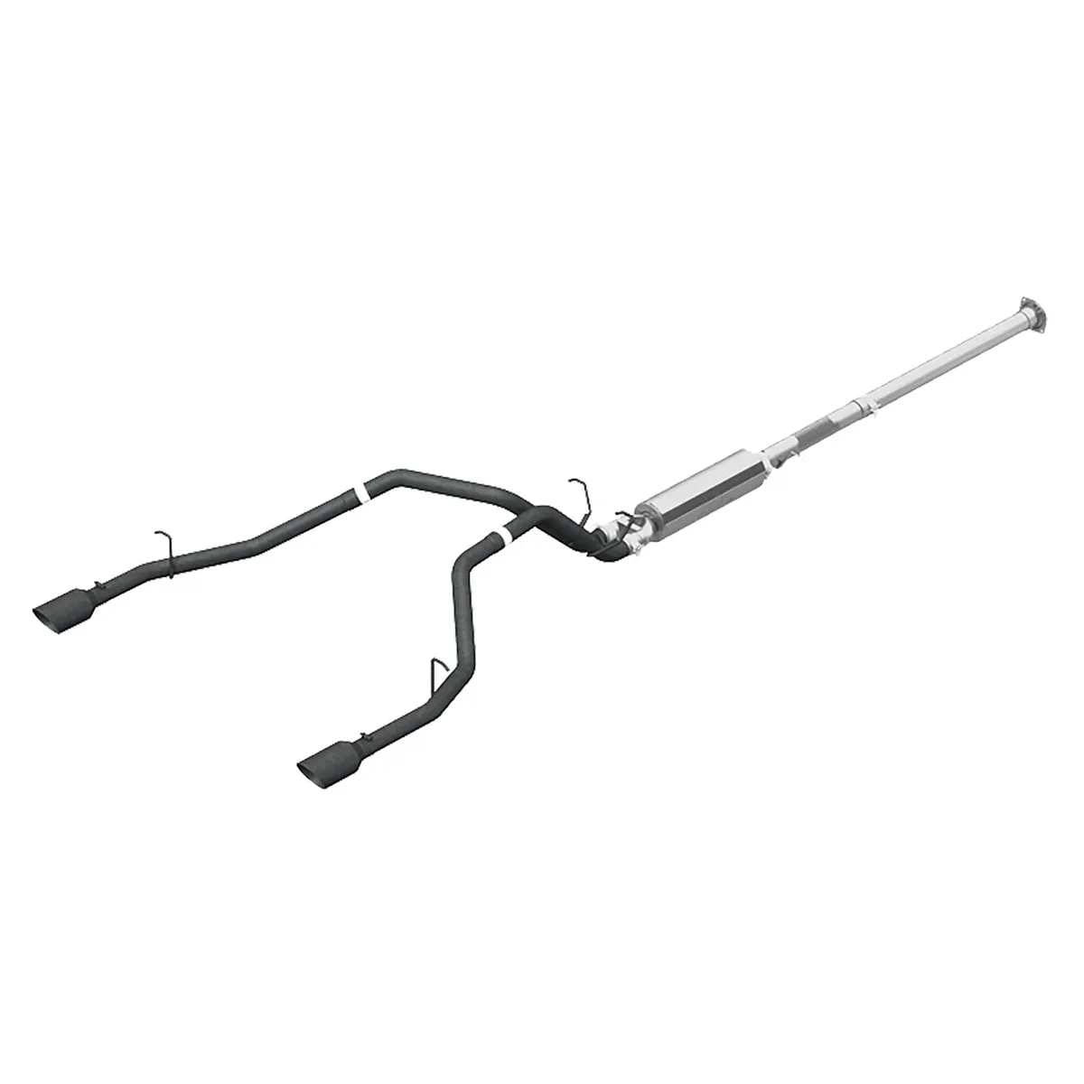 Armor BLK Cat Back Exhaust System; 2.5 in.; Incl. Front Pipe/Extension Pipe/Muffler/Over Axle Pipes/Tailpipes/Hardware/4.5 in. OD Tips; Dual Split Rear Exit; Black Coated; product image