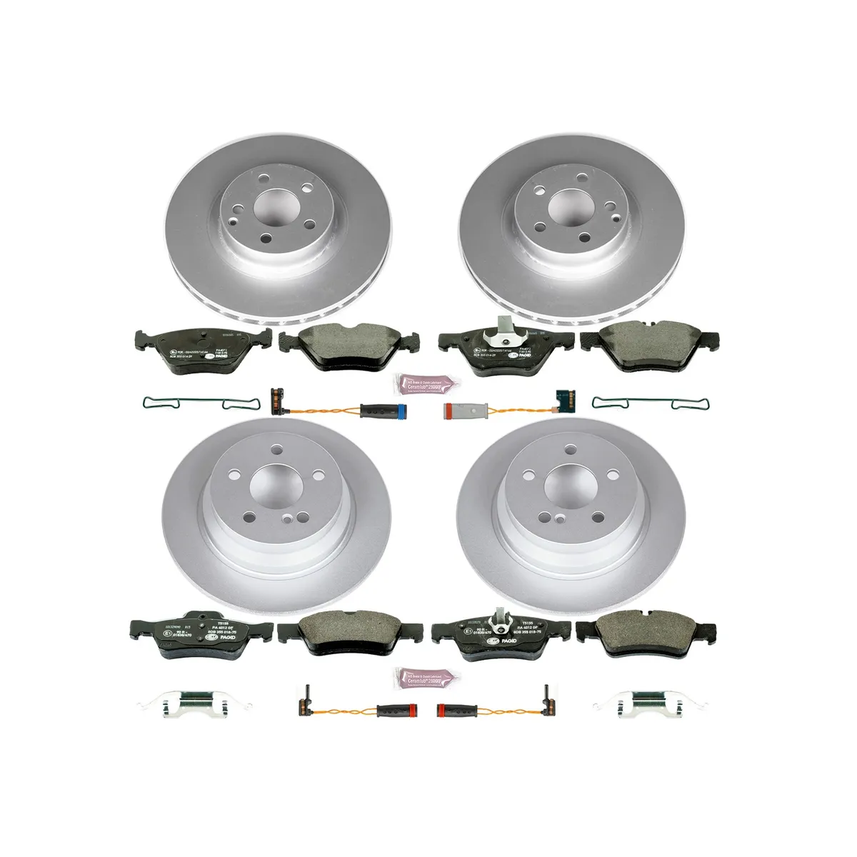 Euro-Stop Kit: Genuine Geomet Fully Coated Rotors; Ece-R90 Certified Pads W/Hardware; Pad Sensors product image