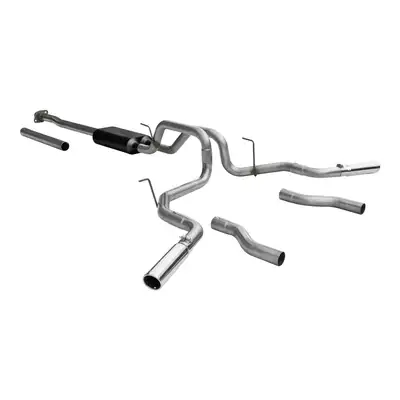 Flowmaster 09-13 Ford F-150 4.6L/5.0L/5.4L All WB 2/4 Wheel Drive 2.50in Outlets Super 50 Series Muffler 3.00in Logo Embossed Stainless Tips Force II Incl. Tube Extensions for DOR and DOS in Kit Mandrel Bent Tubing 409S Stainless Steel