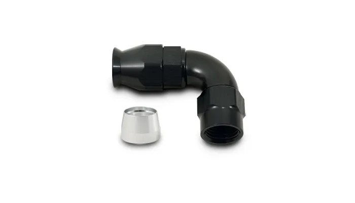 90 Degree High Flow Hose End Fitting; -6AN; 6061 Aluminum; Black Anodized; For PTFE Lined Hose; product image
