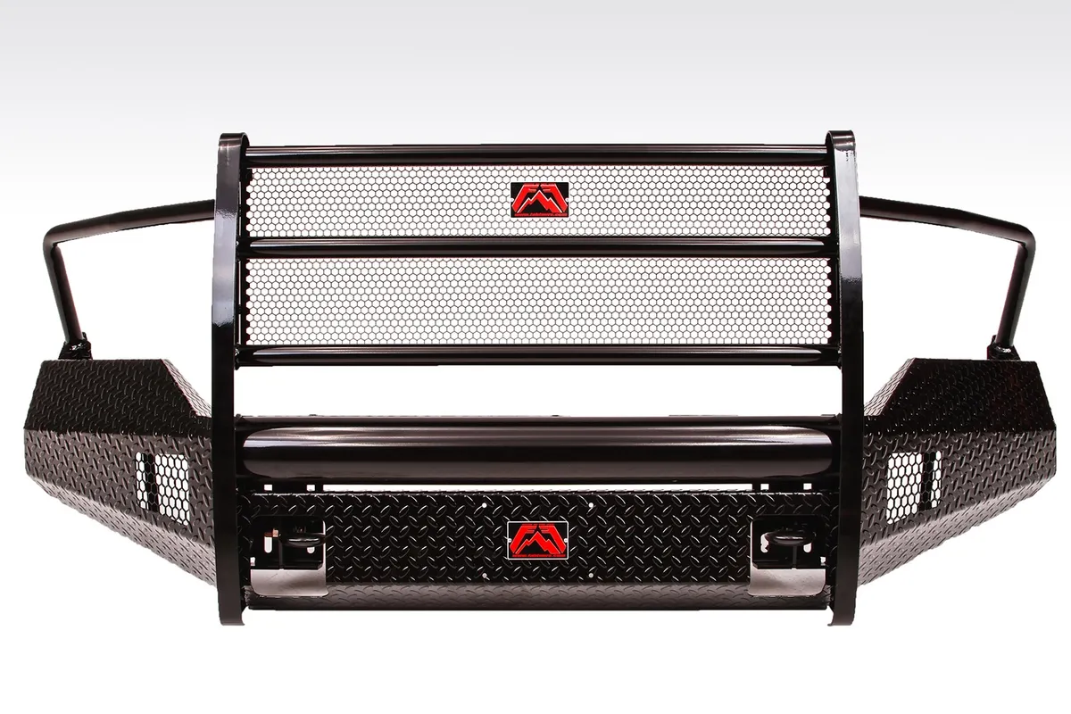 Fab Fours Black Steel Front Bumper; 2 Stage Black Powder Coated; w/Full Grill Guard And Tow Hooks;