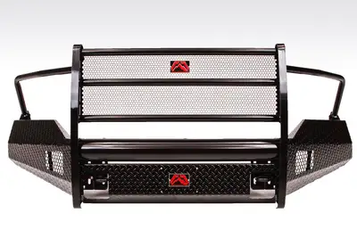 Fab Fours Black Steel Front Bumper; 2 Stage Black Powder Coated; w/Full Grill Guard And Tow Hooks;