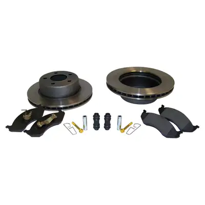 Crown Automotive Jeep Replacement 1990-1999 Cherokee XJ w/ 2-piece composite rotor; Front; Kit includes: 2 Brake Rotors 1 Pad Set and all necessary hardware. 1993-1998 Grand Cherokee ZJ w/ 2-piece composite rotor; Front; Kit includes: 2 Brake Rotors 1 Pad Set and all necessary hardware