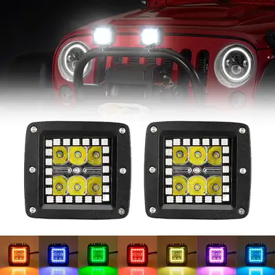 LED Factory Mart "3"" 18W Square LED Pods Work Light Bars with RGB Halo for Off-road Truck"