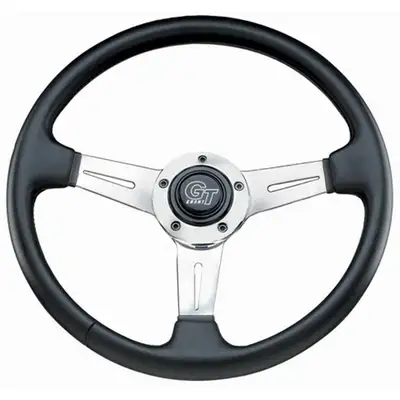 Grant Elite GT Steering Wheel; 14 in. Diameter; 3 3/4 in. Dish; Black Leather Grained Vinyl Grip; Polished Aluminum 3-Spoke Design;