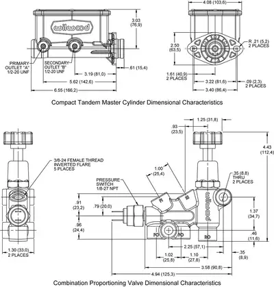 Wilwood Brakes Compact Tandem Master Cylinder Kit W/ Bracket & Valve Aluminum Media Burnished