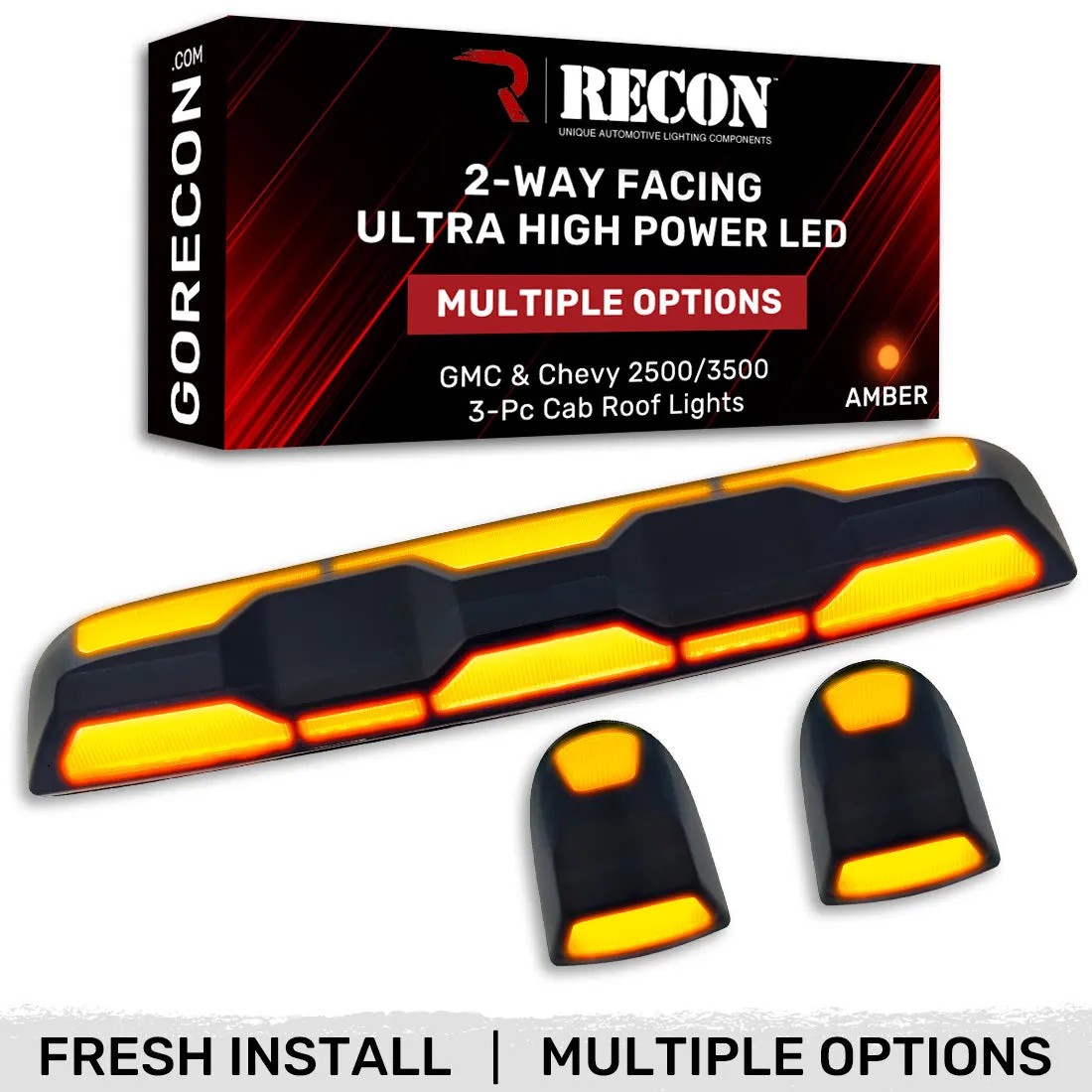 Gmc Chevy 20-23 4th Gen Body Style Heavy-Duty 3-Piece Set Amber Cab Roof Light Lens With 2-Way Forward Rear Facing Amber Ultra High-Power Leds - Includes Complete Wiring Kit For Installation on Truck That Did Not Come With OEM Installed Cab Roof product image