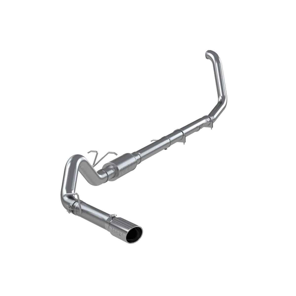 Armor Plus Turbo Back Exhaust System; 4 in.; Incl. Turbo Down Pipe/Mid Pipe/Ext. Pipes/Muffler/Over Axle Pipe/Tailpipe/Hrdw/5 in. OD Tip; Single Side Exit; T409 Stainless Steel; product image