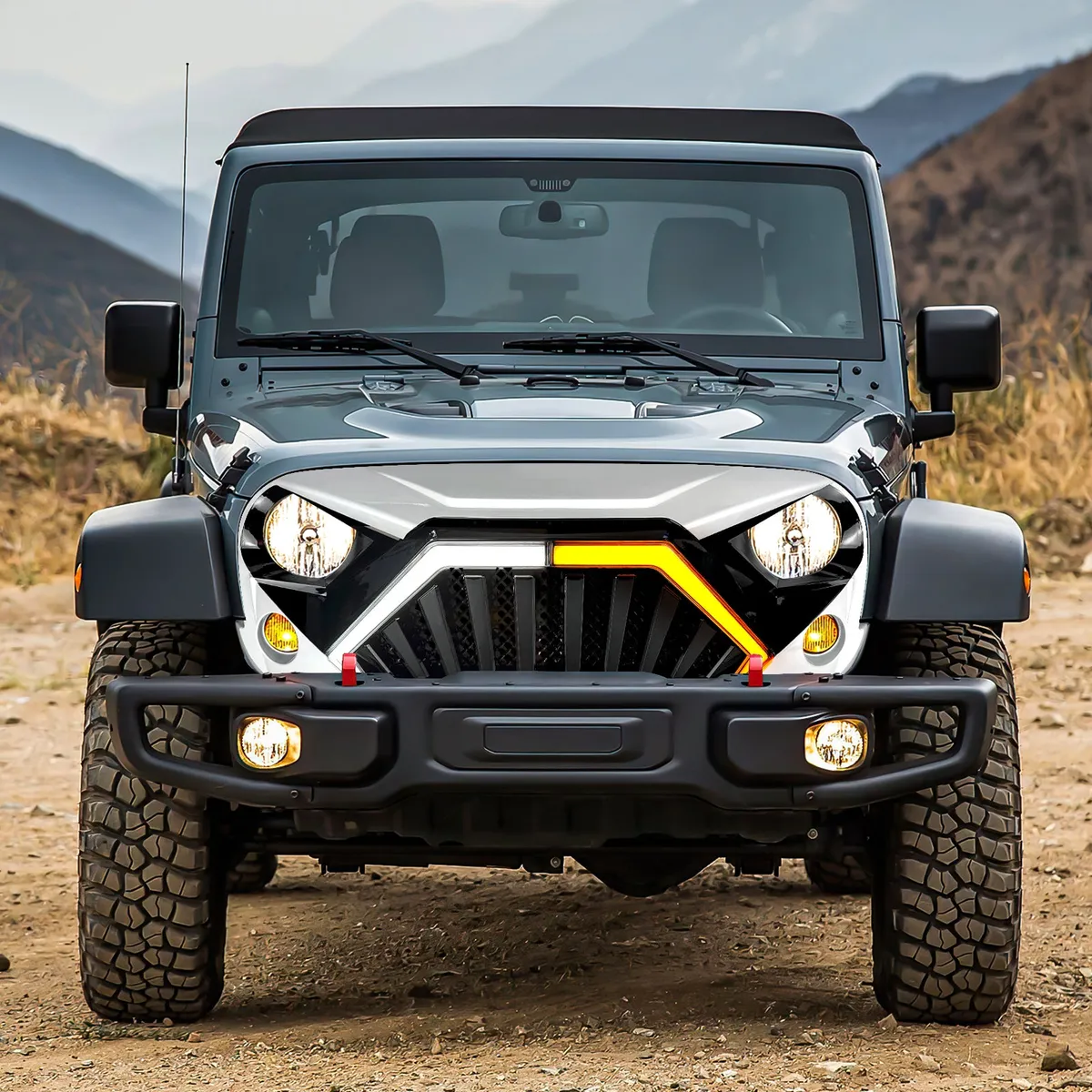 Goliath Grille W/ LED DRL and Turn Signals - White & Black For 07-18 Jeep Wrangler JK product image