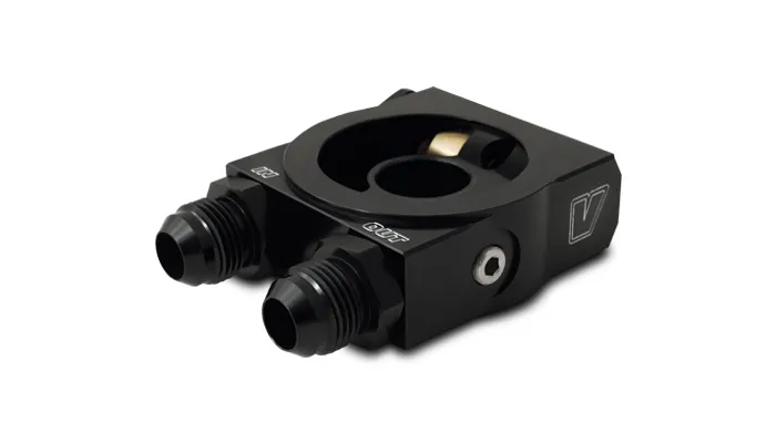 Thermostatic Oil Cooler Adapter; -10AN Inlet/Outlet ID; 6061 Aluminum; Black Anodized; Sandwich Adapter w/o Spacer; product image