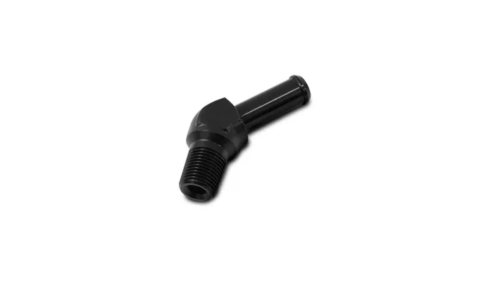 45 Degree NPT To Hose Barb Adapter Fitting; 0.25 in. NPT; 0.375 in. Hose; 6061 Aluminum; Black Anodized; Male; product image
