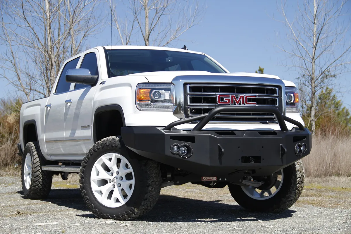 Premium Winch Front Bumper; 2 Stage Black Powder Coated; w/Pre-Runner Grill Guard; Incl. 90mm Fog Lamps/60mm Turn Lights; D-Ring Mounts; product image