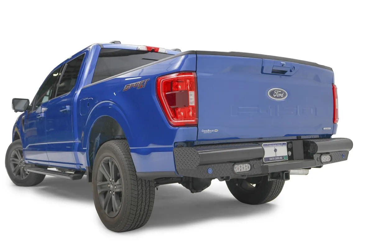 Black Steel Rear Bumper; Sensor Compatible; Incl. Reverse Lights; 14 Gauge Steel; Black Powder Coat; 85 lbs.; product image