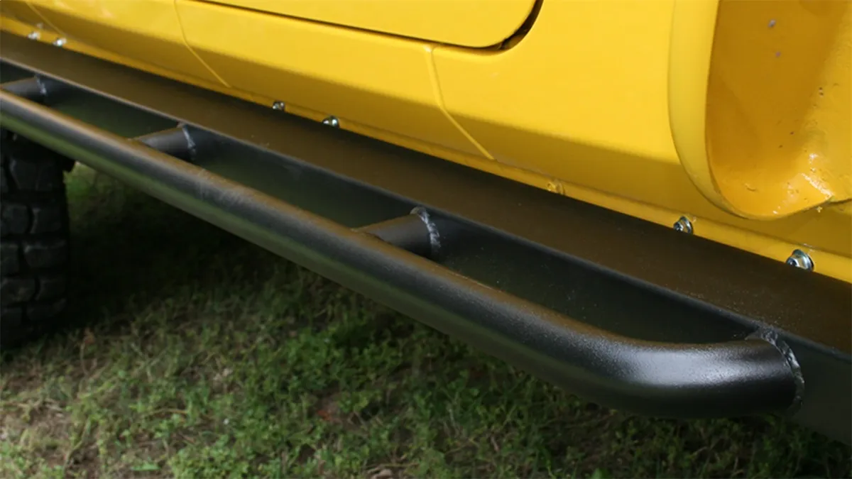 Rockcrawler Side Guards; 2in.X3in. Rectangle Tube w/Tapered/Enclosed/Welded Ends And Additional 1.5in.X0.140in. Wall Kick Out Tube; Textured Black Powder Coat; product image