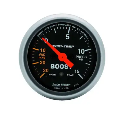 AutoMeter Gauge, Vac/Boost, 2 1/16", 30inHG-15psi, Stepper Motor w/Peak & Warn, Sport-Comp