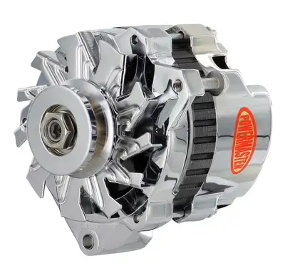 Power Master Alternator; CS130; Offset Right; Rear Battery Post; 140 Amp; 95 Idle; 1 Groove V Type Pulley; Chrome;